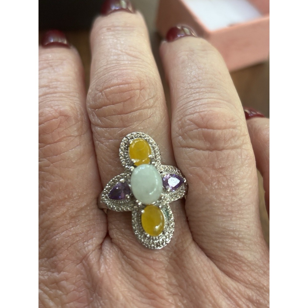 Sterling Silver Amethyst Jade Moonstone Cocktail Statement Ring Size 10 - Picture 9 of 11